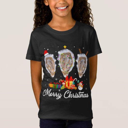 おもしろいクリスマスライトクリスマスパジャマ牡蠣の動物 Tシャツ (正面)