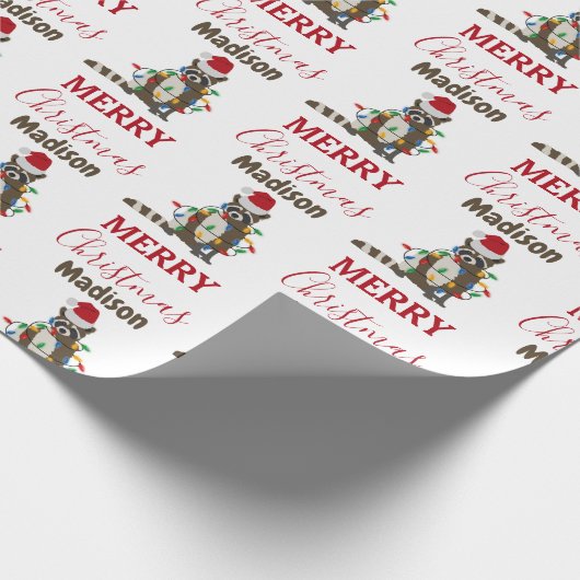 おもしろいクリスマスラクーンサンタハットクリスマス灯 ラッピングペーパー (角)