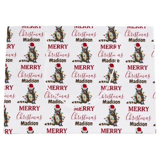 おもしろいクリスマスラクーンサンタハットクリスマス灯 ラージペーパーバッグ (正面)