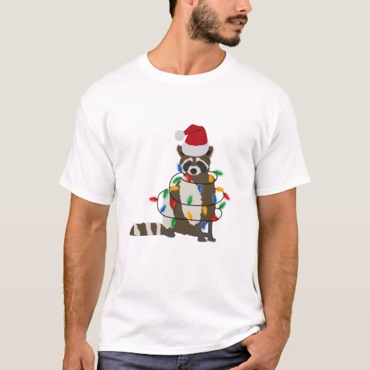 おもしろいクリスマスラクーンサンタハットクリスマス灯 Tシャツ (正面)