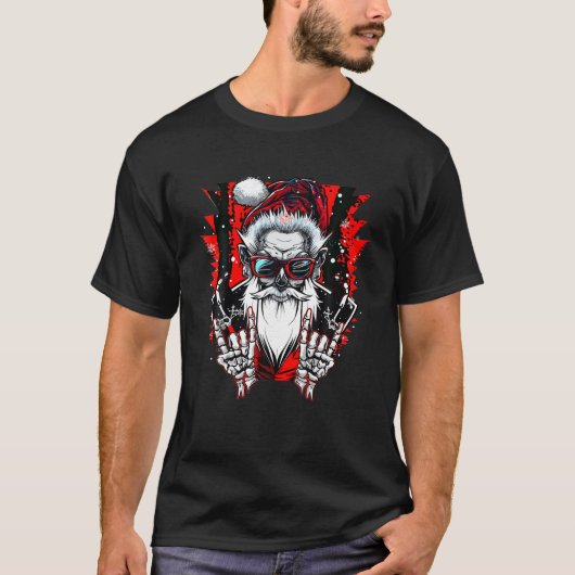 おもしろいクリスマスロックアンドロール骨格サンタクロース Tシャツ (正面)
