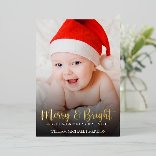 おもしろいクリスマス新生児写真誕生のお知らせ 箔シーズンカード (立ち正面)