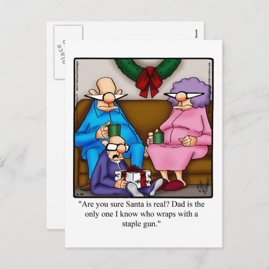 おもしろいクリスマス朝のユーモアのはがき シーズンポストカード (正面/裏面)