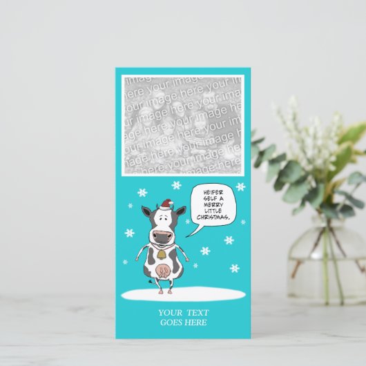 おもしろいクリスマス牛のカスタマイズ可能な写真カード シーズンカード (スタンド正面)