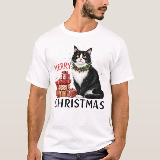 おもしろいクリスマス猫の昇華 Tシャツ (正面)