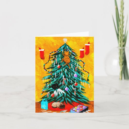 おもしろいクリスマス猫の木 シーズンカード (正面)