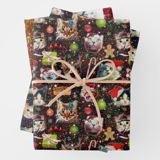 おもしろいクリスマス猫宇宙 |写真カスタム付き ラッピングペーパーシート (インサイチュ)