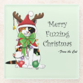 おもしろいクリスマス猫 ガラスコースター (正面)