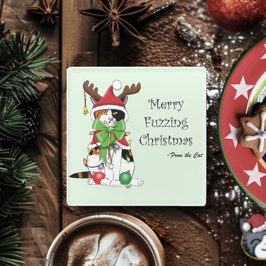 おもしろいクリスマス猫 ガラスコースター