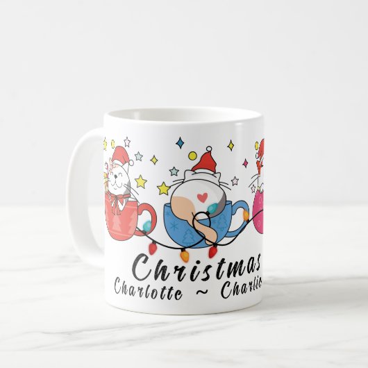 おもしろいクリスマス猫Iモノグラムのクリスマスパーティー コーヒーマグカップ (正面左)