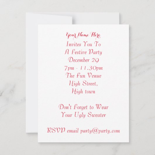 おもしろいクリスマス醜いセーターをテーマにしたフェスティバルパーティー 招待状 (裏面)