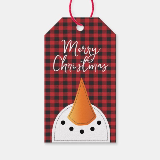 おもしろいクリスマス雪だるまレッドブラックバッファロープレイド ギフトタグ (正面)