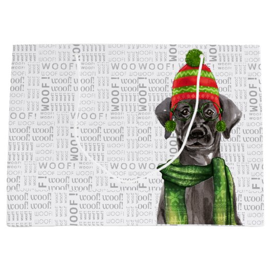 おもしろいクリスマス黒ラブラドール犬 ラージペーパーバッグ (正面)