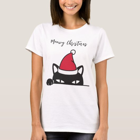 おもしろいクリスマス黒猫 Tシャツ (正面)