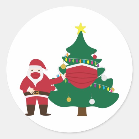 おもしろいクリスマス2020サンタと飾ツリー ラウンドシール (正面)