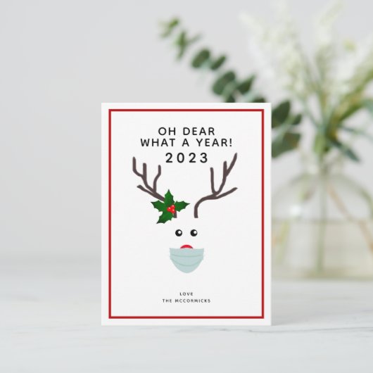 おもしろいクリスマス2020トナカイ着用顔マスク シーズンポストカード (スタンド正面)