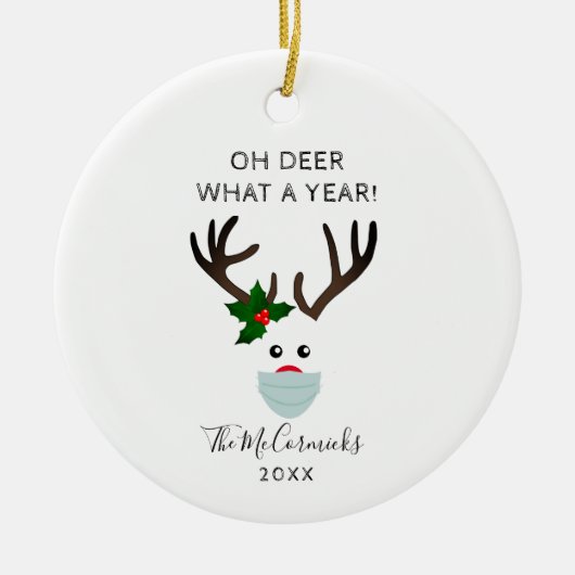 おもしろいクリスマス2020トナカイ着用顔マスク セラミックオーナメント (正面)