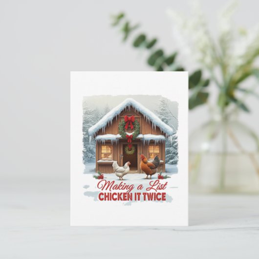 おもしろいクリスマス・チキン・サンタのリスト シーズンポストカード (スタンド正面)