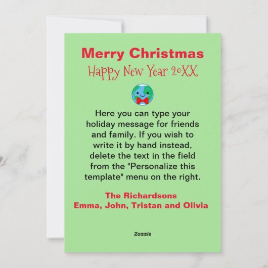 おもしろいクリスマス「地球のエンドウ豆」かわいいモダン シーズンカード (裏面)