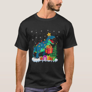 おもしろいクリスマスTレックスツリーライツサンタハットスノーフール Tシャツ