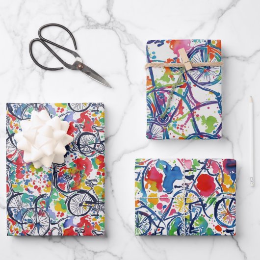 おもしろいクールカラースケッチ自転車の水の色パターン ラッピングペーパーシート (正面)