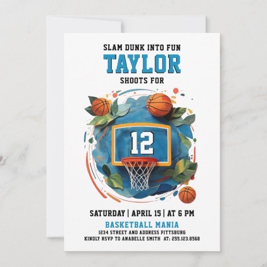 おもしろいクールスカラフルポーツブルーバスケットボール誕生日 招待状 (正面)