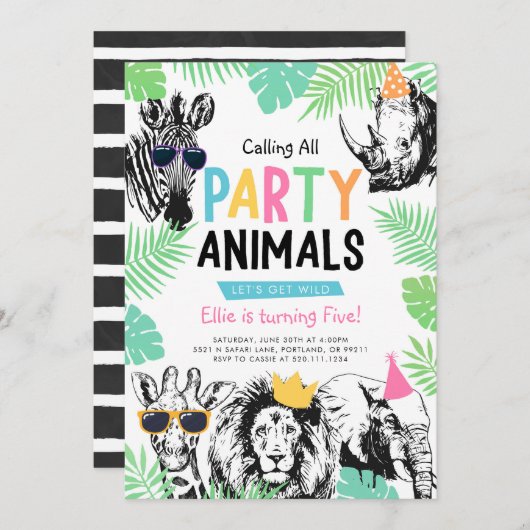 おもしろいクールパーティー動物誕生日招待状 招待状 (正面/裏面)