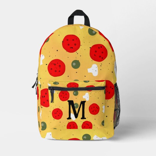 おもしろいクールピザペペローニマッシュルームモノグラム プリントバックパック (正面)