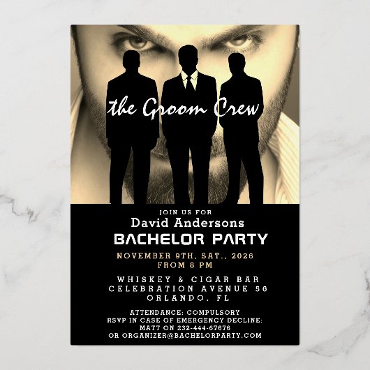 おもしろいクールモダンバチュラーパーティ 箔招待状 (正面)