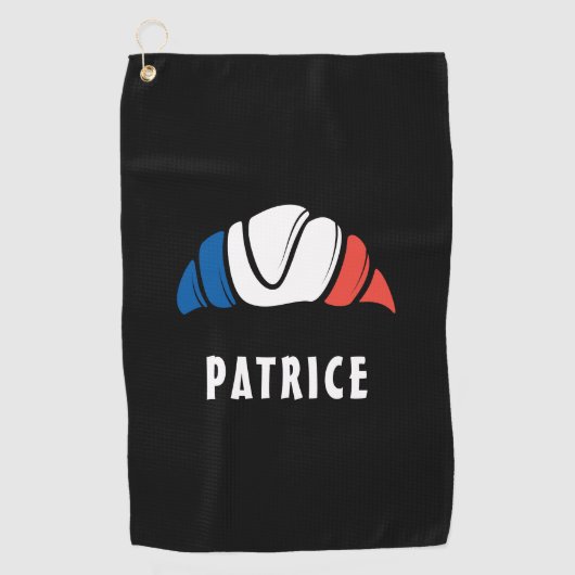 おもしろいクール名前をカスタムするフランスのフランスフラッグクロワッサン ゴルフタオル (正面)