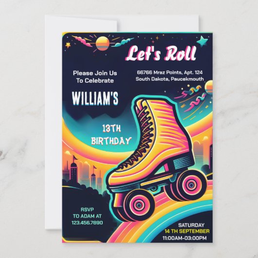 おもしろいクール少年少女ローラースケートで滑る13th誕生日 招待状 (正面)