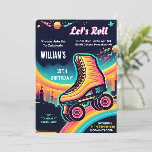 おもしろいクール少年少女ローラースケートで滑る13th誕生日 招待状 (スタンド正面)