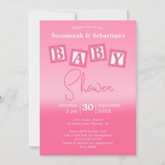 おもしろいグラデーションピンク赤ちゃんガールブロックシャワー招待状 招待状 (正面)
