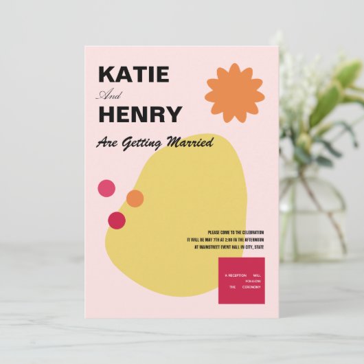おもしろいグラフィックデザインオレンジイエローピンク結婚ズ 招待状 (スタンド正面)