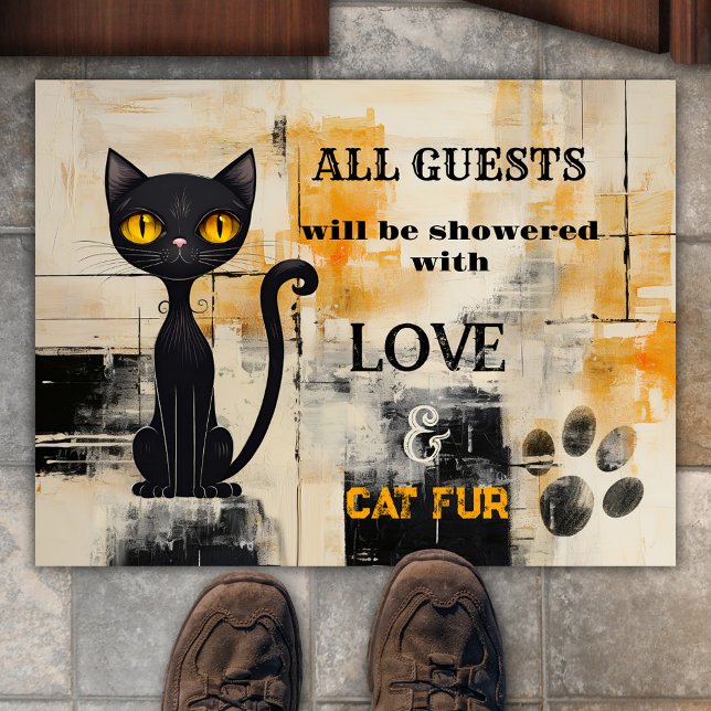 おもしろいグランジウォーカー ドアマット (Funny doormat featuring a cute black cat on a grunge painted background in ocher, ivory and black)