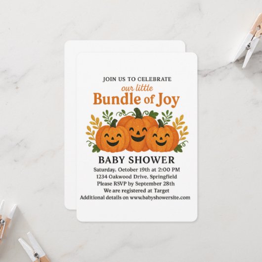 おもしろいグリタリー秋カボチャパッチ 招待状 (正面/裏面インサイチュ)