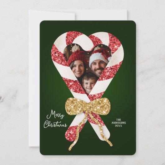 おもしろいグリッターキャンディーケーンフレームフォトクリスマス 招待状 (正面)