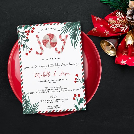 おもしろいグリッタークリスマスキャンディーケーンジョイベビーシャワー 招待状