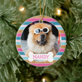 おもしろいグリッターストライプあなたの犬の写真1stクリスマス セラミックオーナメント