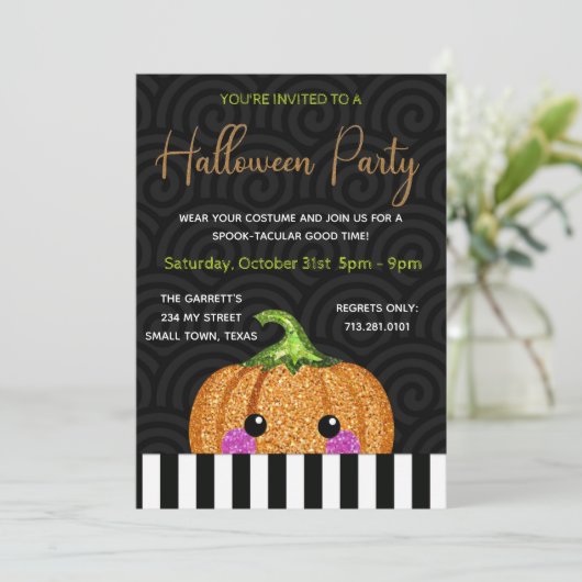 おもしろいグリッターパンプキンブラックオレンジハロウィーン 招待状 (スタンド正面)