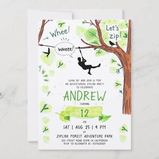 おもしろいグリーンジプリン森林アドベンチャーウォーターの色 招待状 (正面)