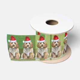 おもしろいグリーン格子柄コックパプーサンタドッグクリスマス サテンリボン