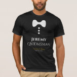 おもしろいグロ結婚ムスマンTシャツ Tシャツ<br><div class="desc">これらのおもしろいのTシャツは行商人への好意や贈り物として結婚設計されている。Tシャツは黒で、白いボウタイと3つのボタンのイメージを備えている。文字読のGroomsmanは、Groomsmanの名前とカップルの名前と日付結婚を入力する場所を持結婚つ。の素晴らしスワッグ結婚バッグへの追加。</div>