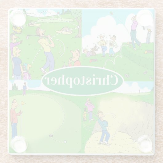 おもしろいゴルフのマンガあなたの名前の選択。 ガラスコースター (裏面)