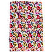 おもしろいサケハートとカラフル花 ミディアムペーパーバッグ (正面)