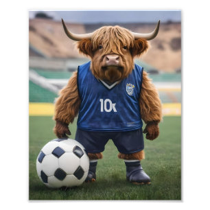 おもしろいサッカーの服を着た高地の牛 フォトプリント           