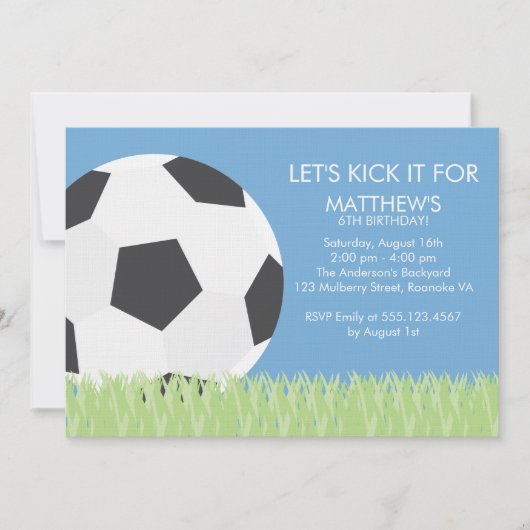 おもしろいサッカーをテーマにした誕生日パーティー 招待状 (正面)