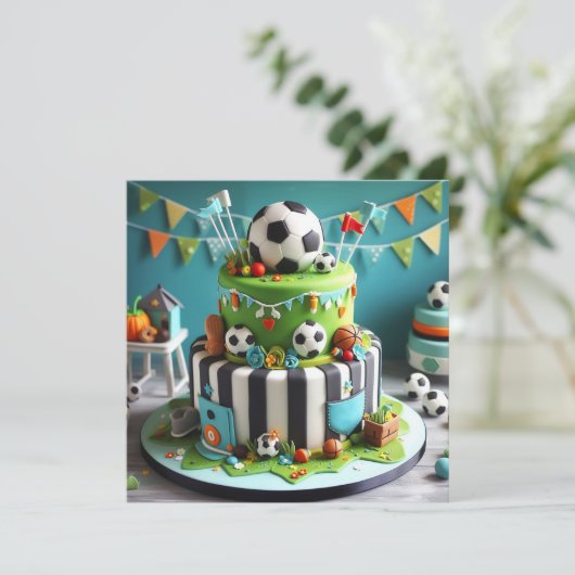 おもしろいサッカーテーマ子供の誕生日ケーキ カード (スタンド正面)