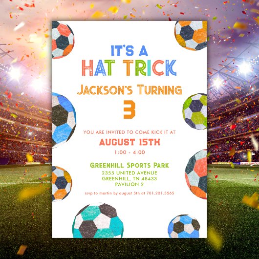 おもしろいサッカーハットトリック3歳の誕生日招待状 招待状