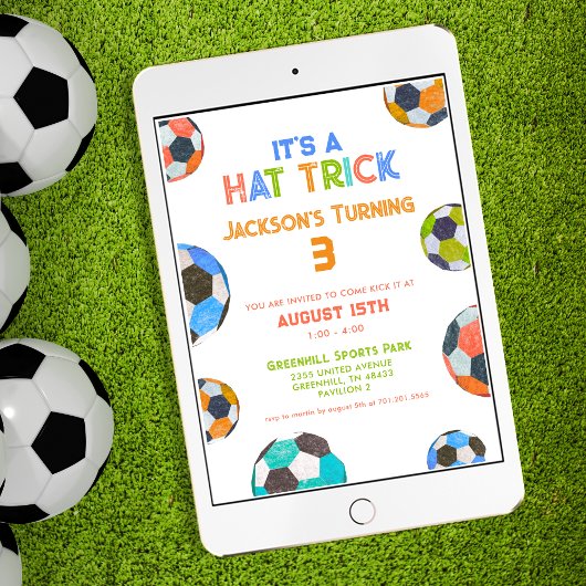 おもしろいサッカーハットトリック3歳の誕生日招待状 招待状